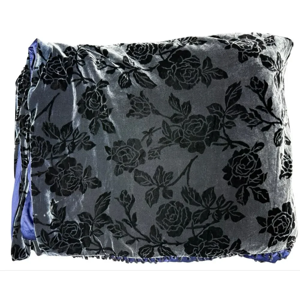 Westone Silk Velvet Burnout Floral Throw Wrap Black Gray Beaded Fringe Vintage